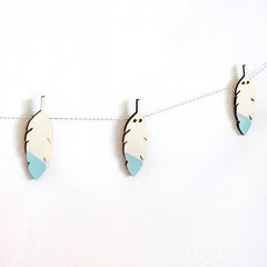 wooden blue and natural feather garland