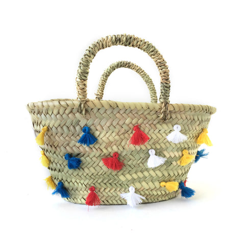 tassel basket - red, yellow, blue white