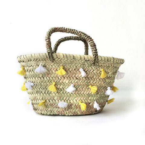 tassel basket - yellow and white